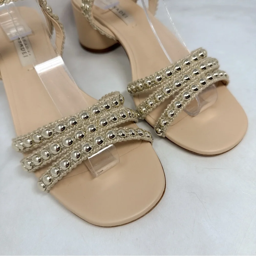 NEW Casadei Studsway Pearl Studded Strappy Open Toe Kitten Block Heel Sandals 36